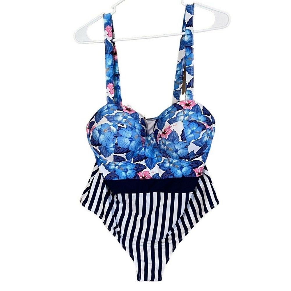 NWT cupshe womens sz XL 1x striped floral Padded one piece swinsuit wide Strap